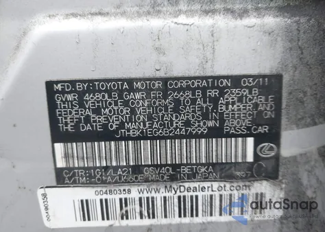 2011 Lexus Es 350 from USA, damaged, VIN JTHBK1EG6B2447999